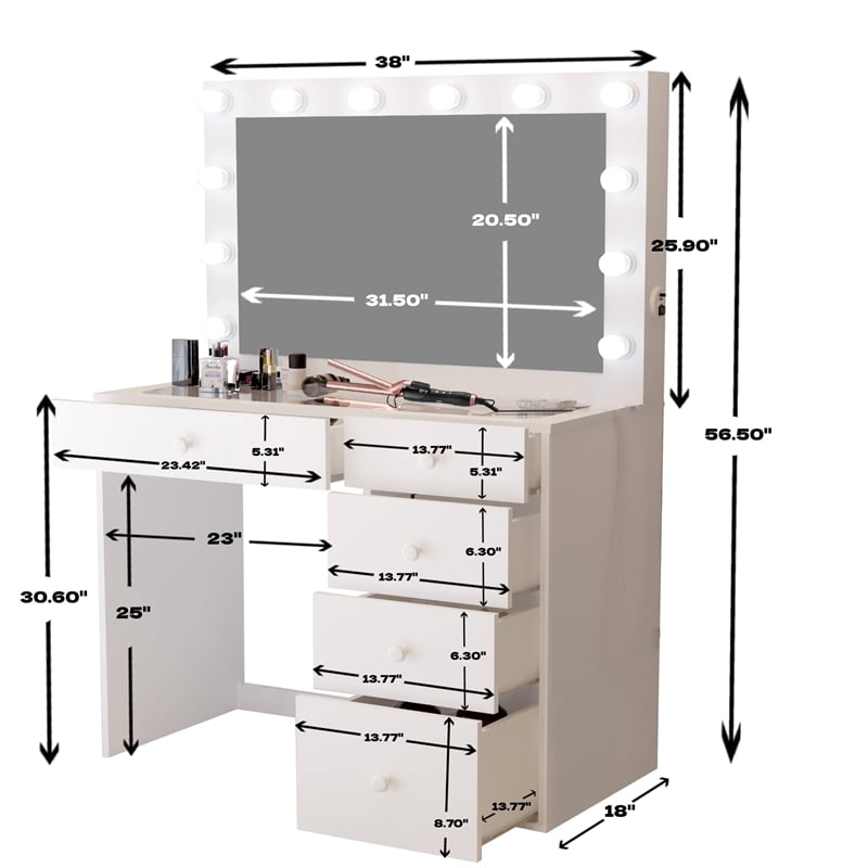 Boahaus Alana Vanity Makeup Desk White Crystal Knobs