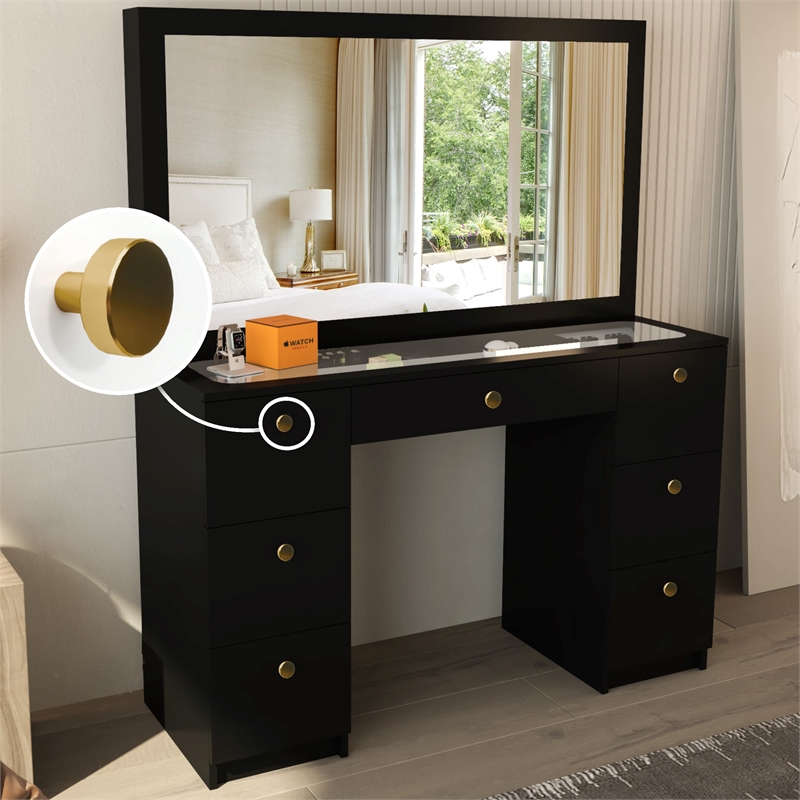 Boahaus Venus Modern Black Vanity Wide Mirror 7 Drawers Golden Knobs