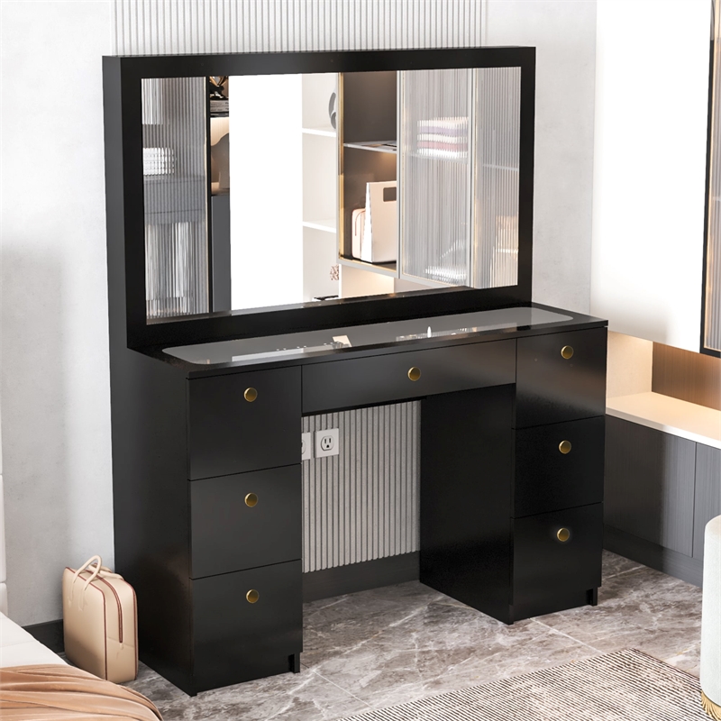 Boahaus Venus Modern Black Vanity Wide Mirror 7 Drawers Golden Knobs