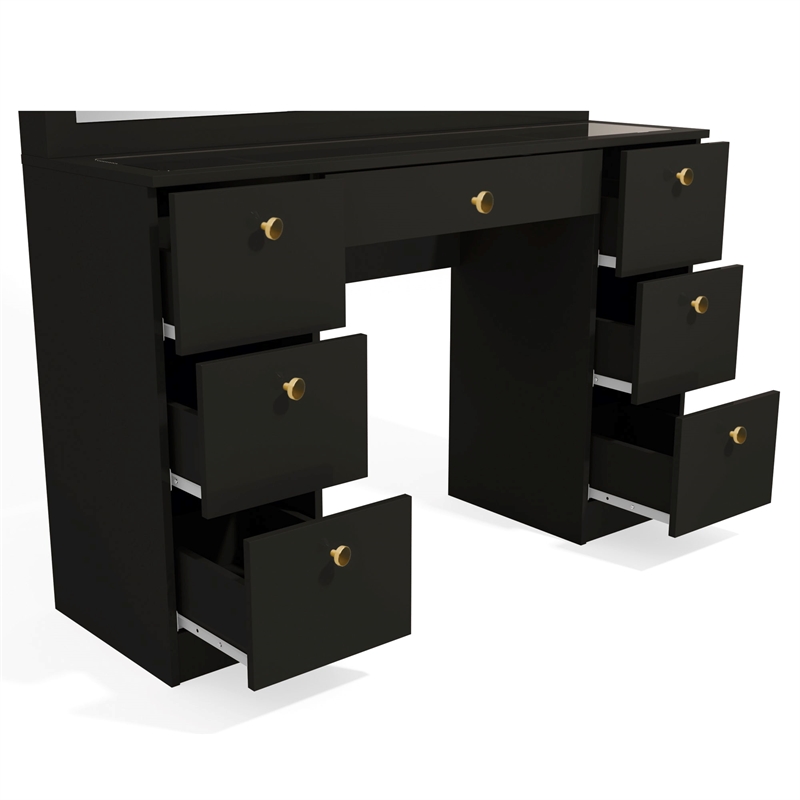 Boahaus Venus Modern Black Vanity Wide Mirror 7 Drawers Golden Knobs