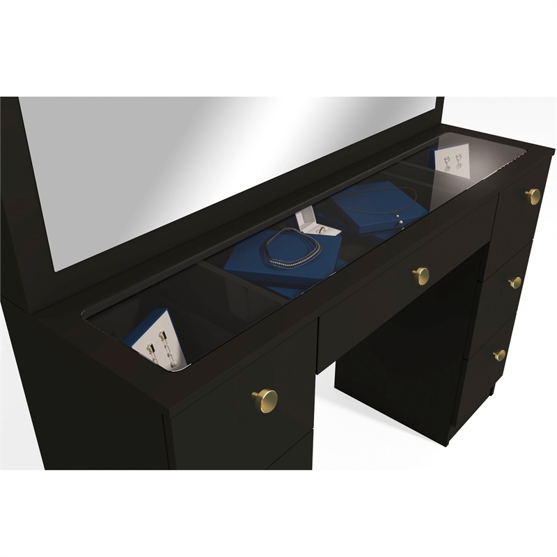 Boahaus Venus Modern Black Vanity Wide Mirror 7 Drawers Golden Knobs