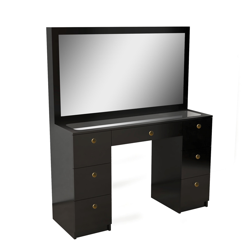 Boahaus Venus Modern Black Vanity Wide Mirror 7 Drawers Golden Knobs