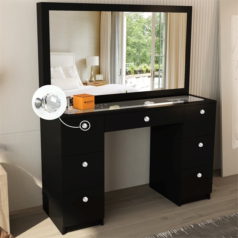 Boahaus Venus Modern Black Vanity Wide Mirror 7 Drawers Crystal Ball Knobs