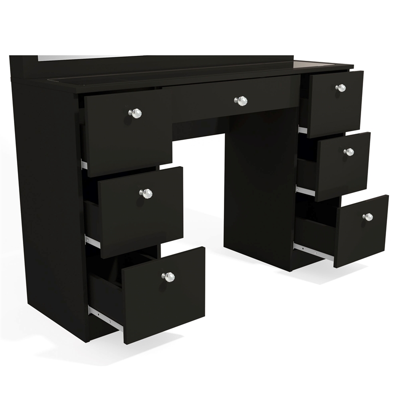 Boahaus Venus Modern Black Vanity Wide Mirror 7 Drawers Crystal Ball Knobs