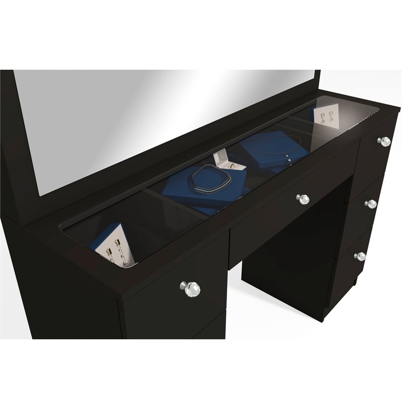 Boahaus Venus Modern Black Vanity Wide Mirror 7 Drawers Crystal Ball Knobs
