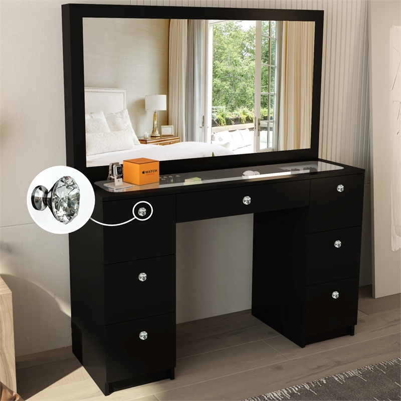 Boahaus Venus Modern Black Vanity Wide Mirror 7 Drawers Crystal Knobs