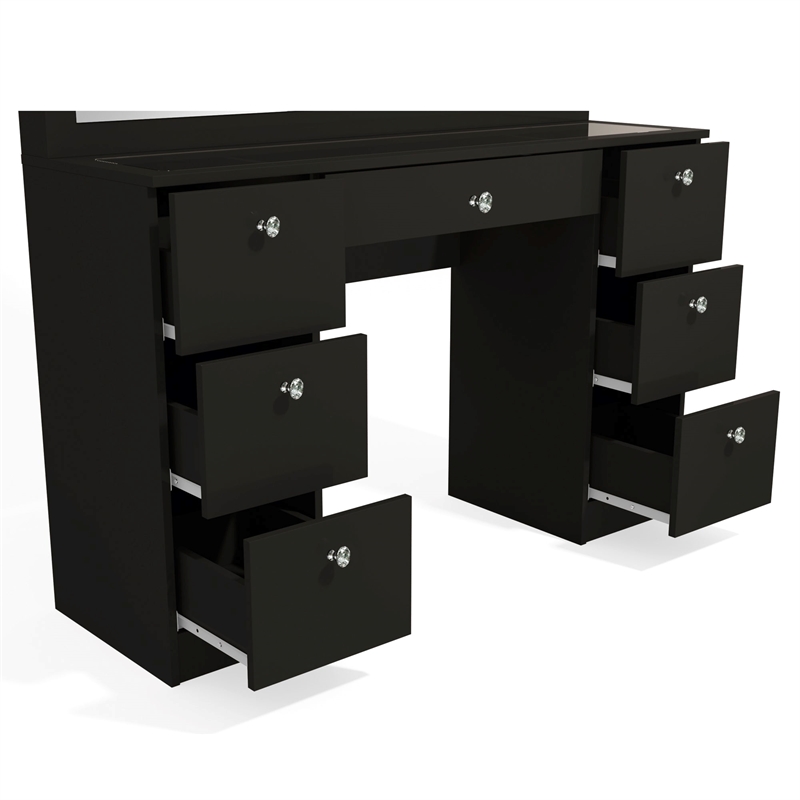 Boahaus Venus Modern Black Vanity Wide Mirror 7 Drawers Crystal Knobs