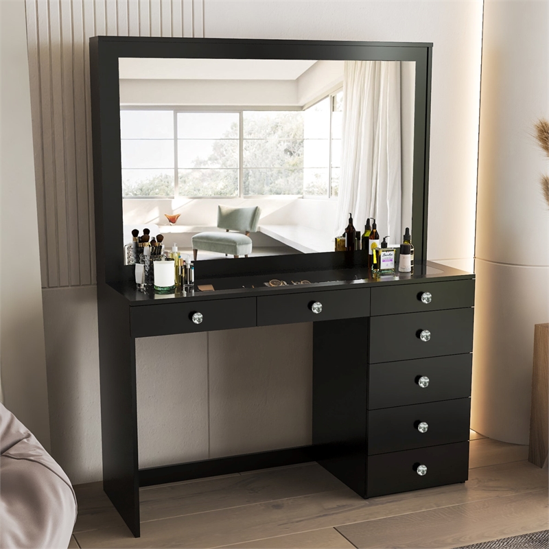 Boahaus Jane Black Makeup Vanity with 7 Drawers and Mirror Crystal Knobs