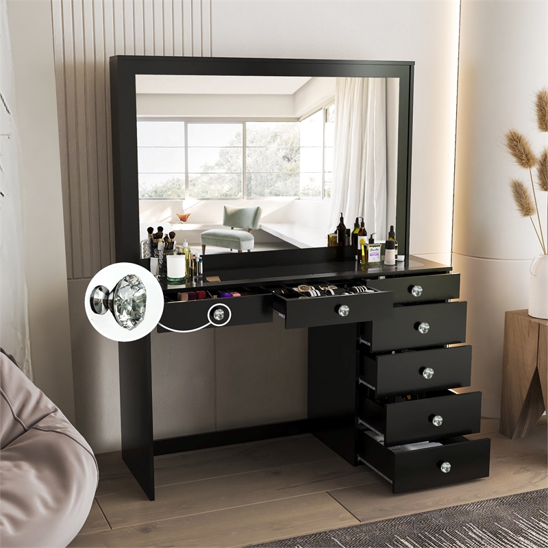 Boahaus Jane Black Makeup Vanity with 7 Drawers and Mirror Crystal Knobs