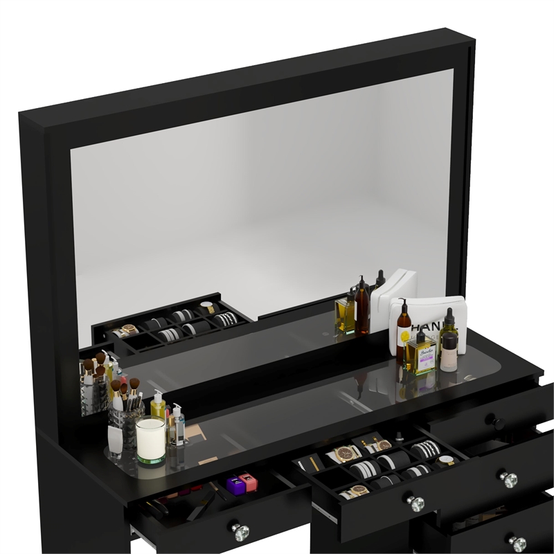 Boahaus Jane Black Makeup Vanity with 7 Drawers and Mirror Crystal Knobs