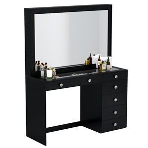 Boahaus Jane Black Makeup Vanity with 7 Drawers and Mirror Crystal Knobs