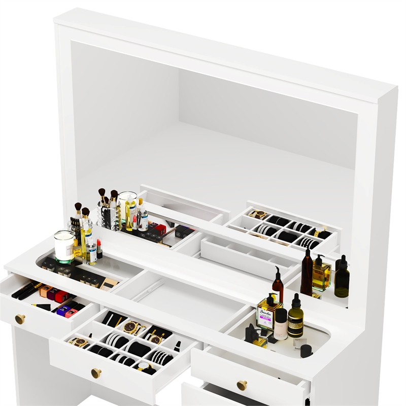 Boahaus Jane White Makeup Vanity with 7 Drawers and Mirror Golden Knobs