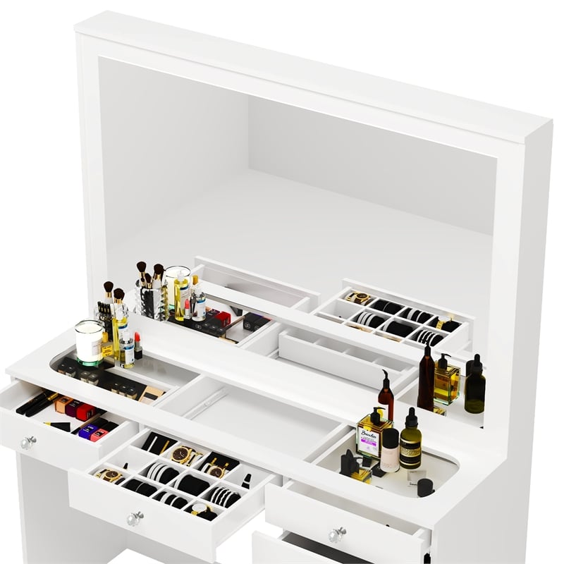 Boahaus Jane White Makeup Vanity with 7 Drawers and Mirror Crystal Ball Knobs