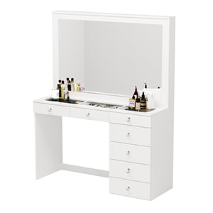 Boahaus Jane White Makeup Vanity with 7 Drawers and Mirror Crystal Ball Knobs