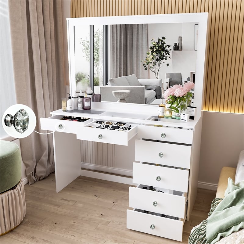 Boahaus Jane White Makeup Vanity with 7 Drawers and Mirror Crystal Knobs