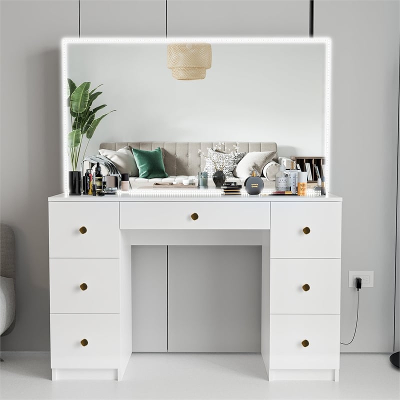 Boahaus Sabrina White Vanity Desk with Mirror LED Lights 7 Drawers Golden Knobs