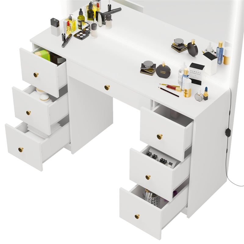 Boahaus Sabrina White Vanity Desk with Mirror LED Lights 7 Drawers Golden Knobs