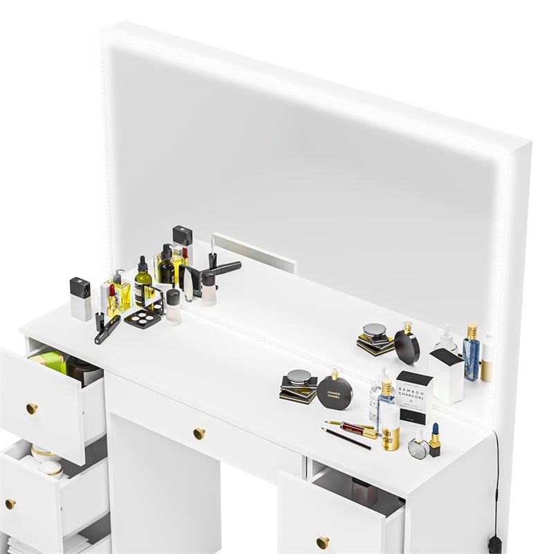 Boahaus Sabrina White Vanity Desk with Mirror LED Lights 7 Drawers Golden Knobs