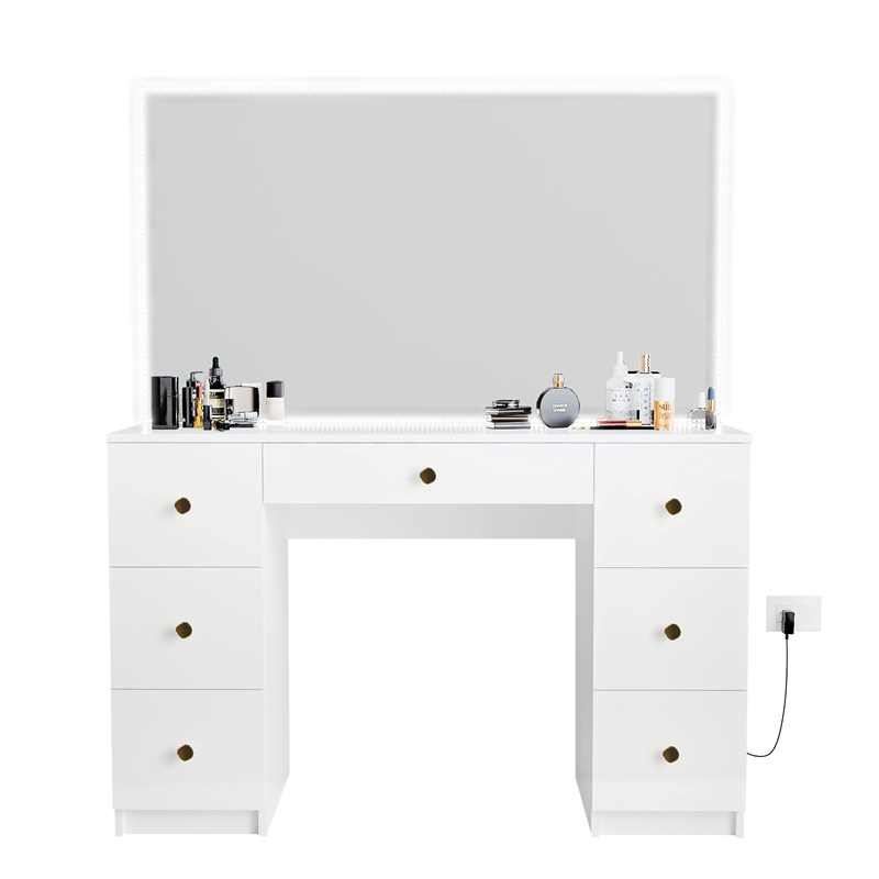 Boahaus Sabrina White Vanity Desk with Mirror LED Lights 7 Drawers Golden Knobs