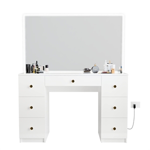 Boahaus Sabrina White Vanity Desk with Mirror LED Lights 7 Drawers Golden Knobs