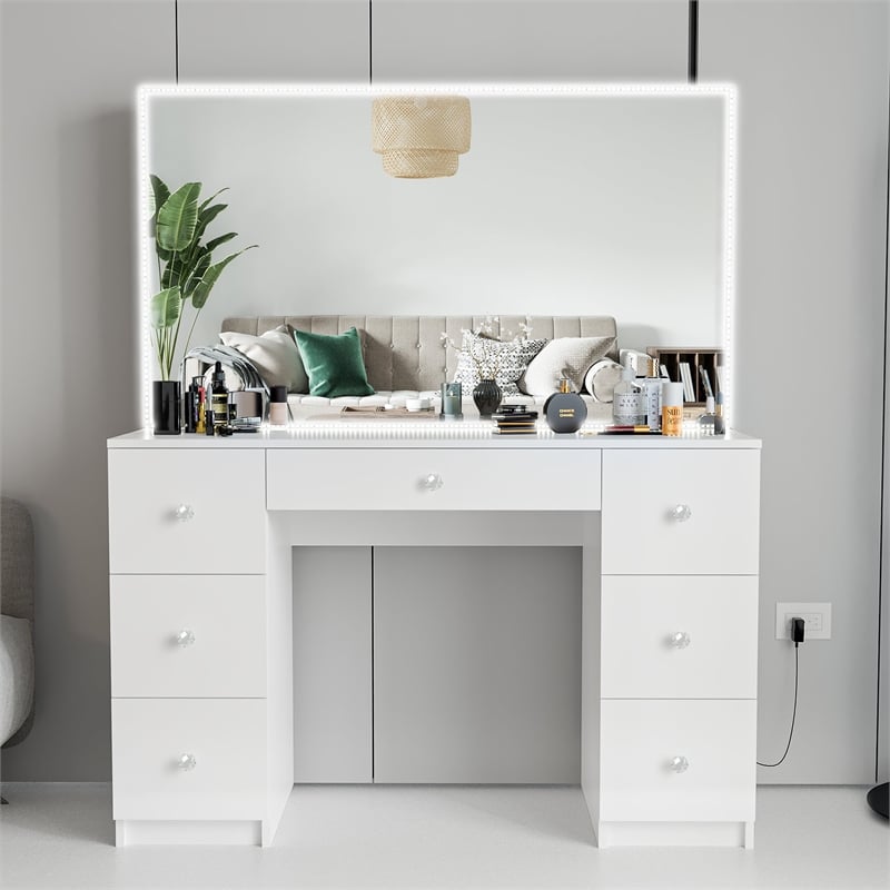 Boahaus Sabrina White Vanity Desk with LED Lights 7 Drawers Crystal Ball Knobs