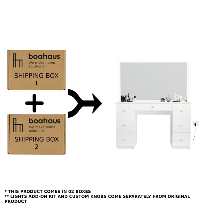 Boahaus Sabrina White Vanity Desk with LED Lights 7 Drawers Crystal Ball Knobs
