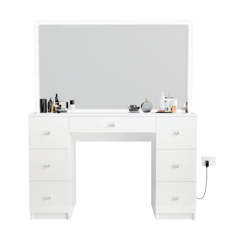 Boahaus Sabrina White Vanity Desk with LED Lights 7 Drawers Crystal Ball Knobs