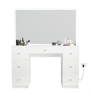 Boahaus Sabrina White Vanity Desk with LED Lights 7 Drawers Crystal Ball Knobs