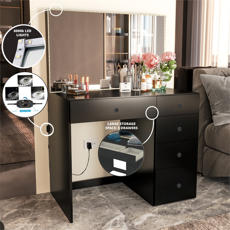 Boahaus Gaia Modern Makeup Vanity with Drawers LED Lights Black Basic Knobs