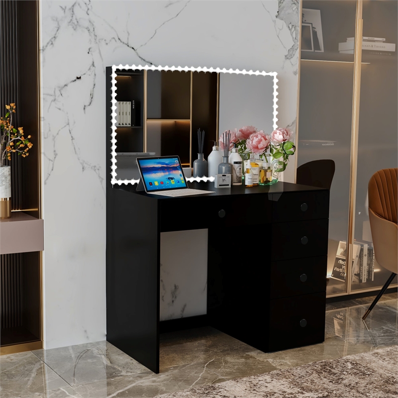 Boahaus Gaia Modern Makeup Vanity with Drawers LED Lights Black Basic Knobs