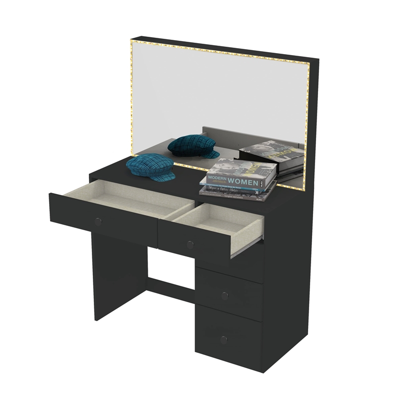 Boahaus Gaia Modern Makeup Vanity with Drawers LED Lights Black Basic Knobs