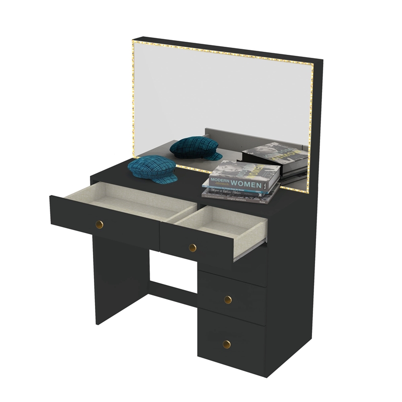 Boahaus Gaia Modern Makeup Vanity Desk Black Golden Knobs