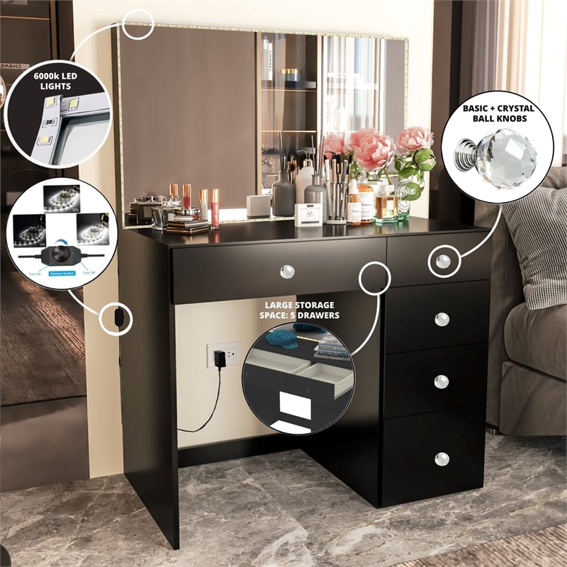 Boahaus Gaia Modern Makeup Vanity Desk Black Crystal Ball Knobs