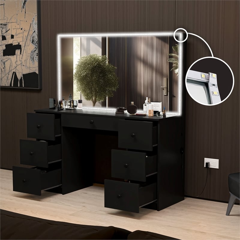 Boahaus Sabrina Modern Black Vanity LED Lights 07 Drawers Basic Knobs