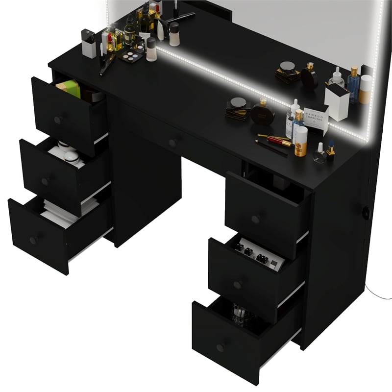 Boahaus Sabrina Modern Black Vanity LED Lights 07 Drawers Basic Knobs