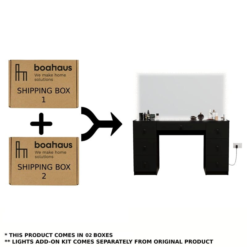 Boahaus Sabrina Modern Black Vanity LED Lights 07 Drawers Basic Knobs