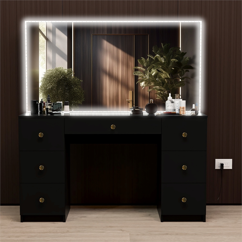 Boahaus Sabrina Modern Black Vanity LED Lights 07 Drawers Golden Knobs