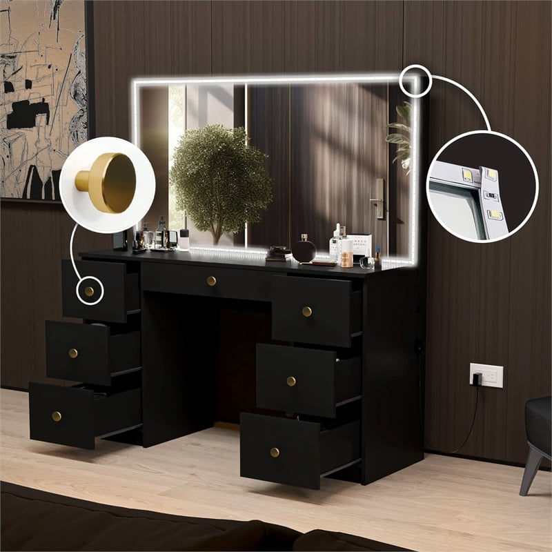 Boahaus Sabrina Modern Black Vanity LED Lights 07 Drawers Golden Knobs