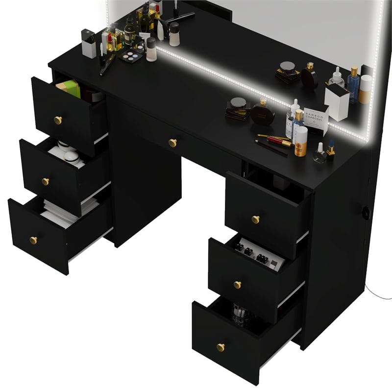 Boahaus Sabrina Modern Black Vanity LED Lights 07 Drawers Golden Knobs