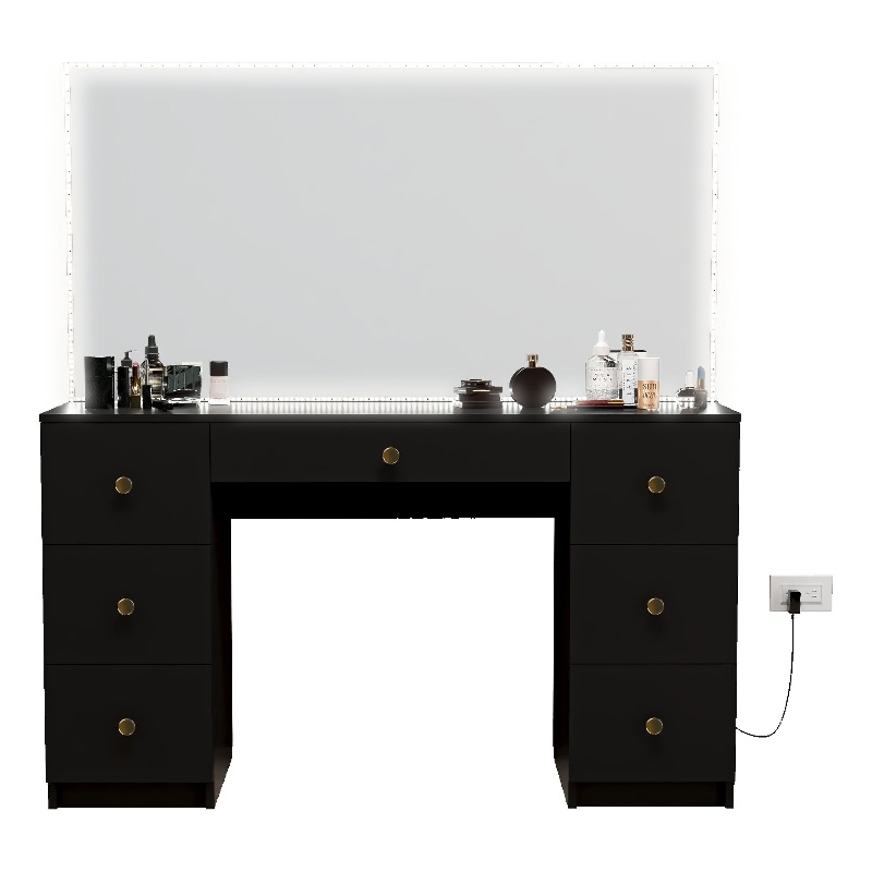 Boahaus Sabrina Modern Black Vanity LED Lights 07 Drawers Golden Knobs