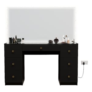 Boahaus Sabrina Modern Black Vanity LED Lights 07 Drawers Golden Knobs