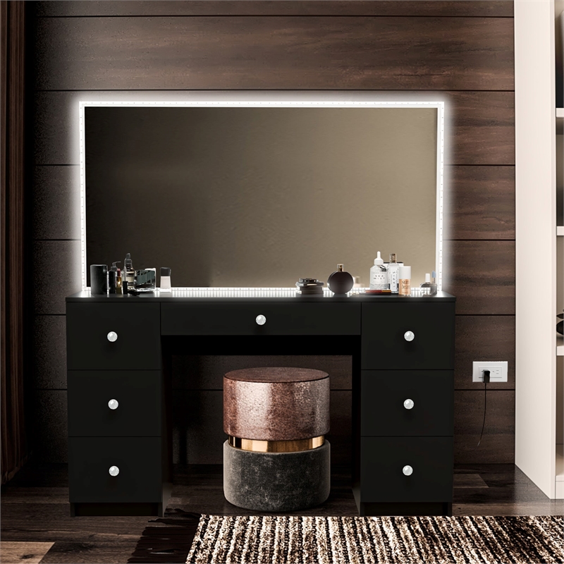 Boahaus Sabrina Modern Black Vanity  LED Lights 07 Drawers Crystal Ball Knobs