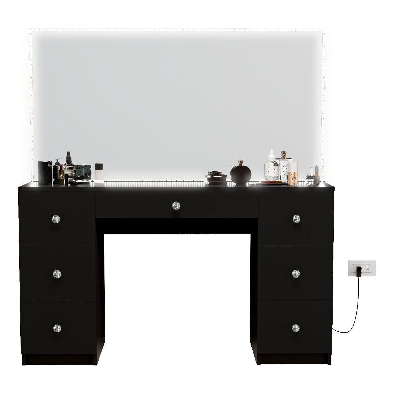 Boahaus Sabrina Modern Black Vanity LED Lights 07 Drawers Crystal Knobs