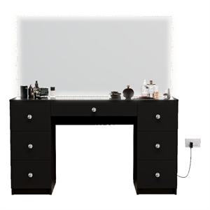 Boahaus Sabrina Modern Black Vanity LED Lights 07 Drawers Crystal Knobs