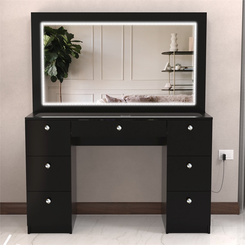 Boahaus Seraphine Black Vanity LED Lights 7 Drawers Wide Mirror Basic Knobs