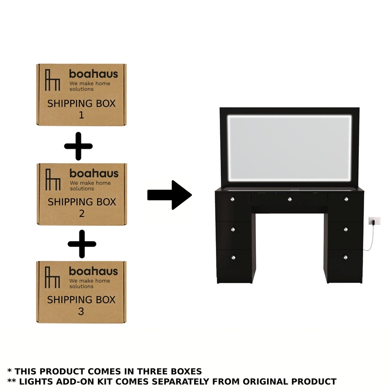 Boahaus Seraphine Black Vanity LED Lights 7 Drawers Wide Mirror Basic Knobs