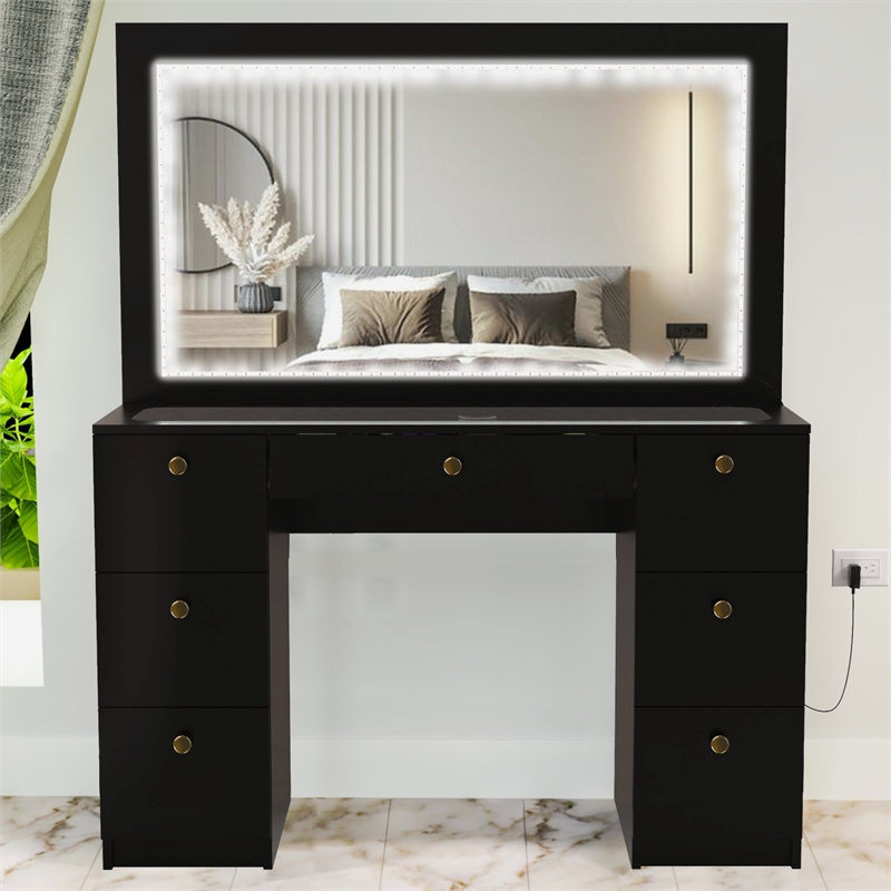 Boahaus Seraphine Black Vanity LED Lights Drawers Wide Mirror Golden Knobs