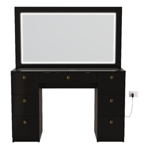 Boahaus Seraphine Black Vanity LED Lights Drawers Wide Mirror Golden Knobs