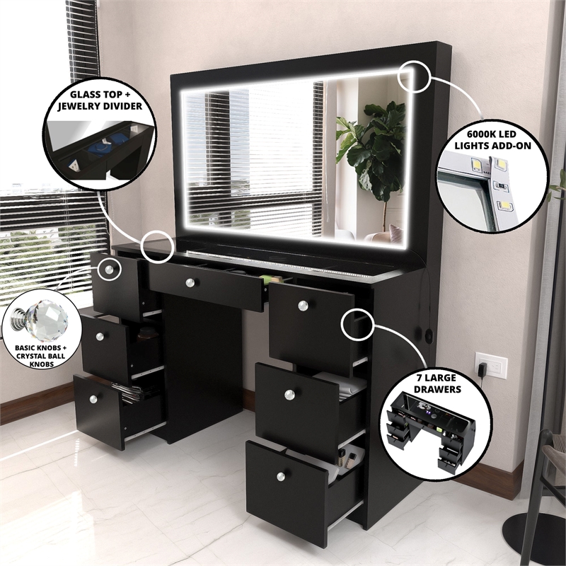 Boahaus Seraphine Black Vanity LED Lights 7 Drawers Mirror Crystal Ball Knobs