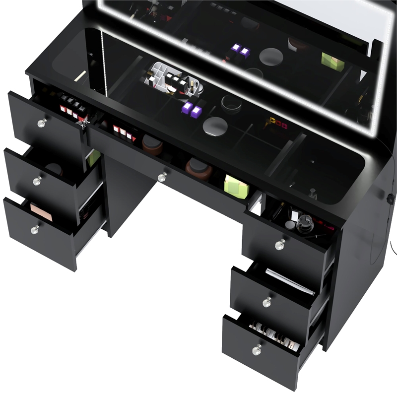 Boahaus Seraphine Black Vanity LED Lights 7 Drawers Mirror Crystal Ball Knobs
